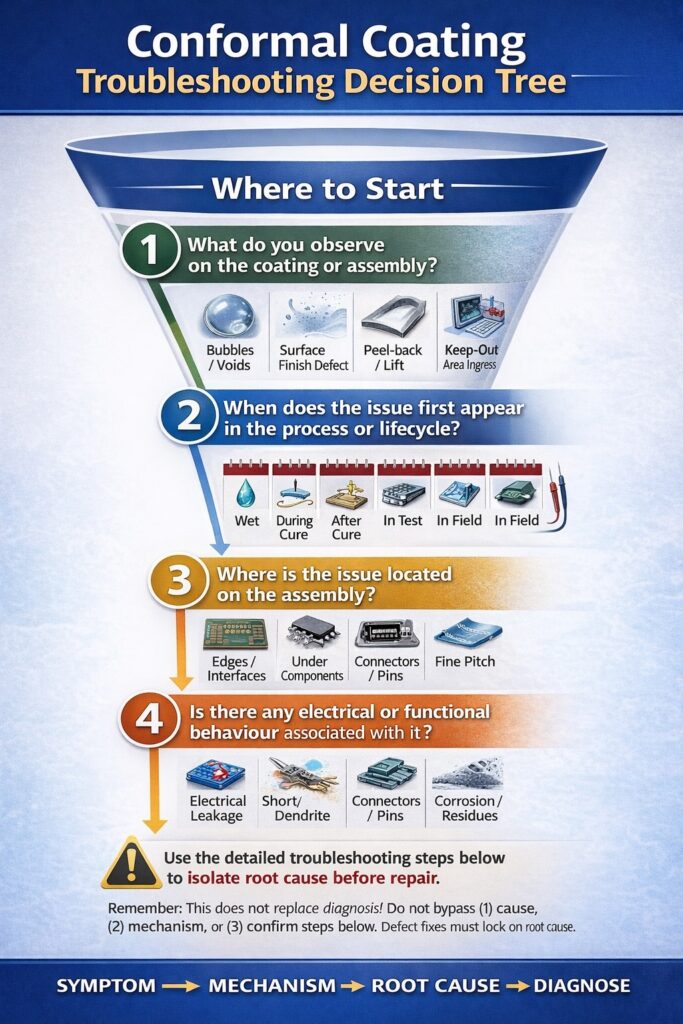 Conformal coating troubleshooting decision flow showing a linear diagnostic sequence based on observed symptoms, timing, location on the assembly and electrical behaviour to guide defect diagnosis before repair