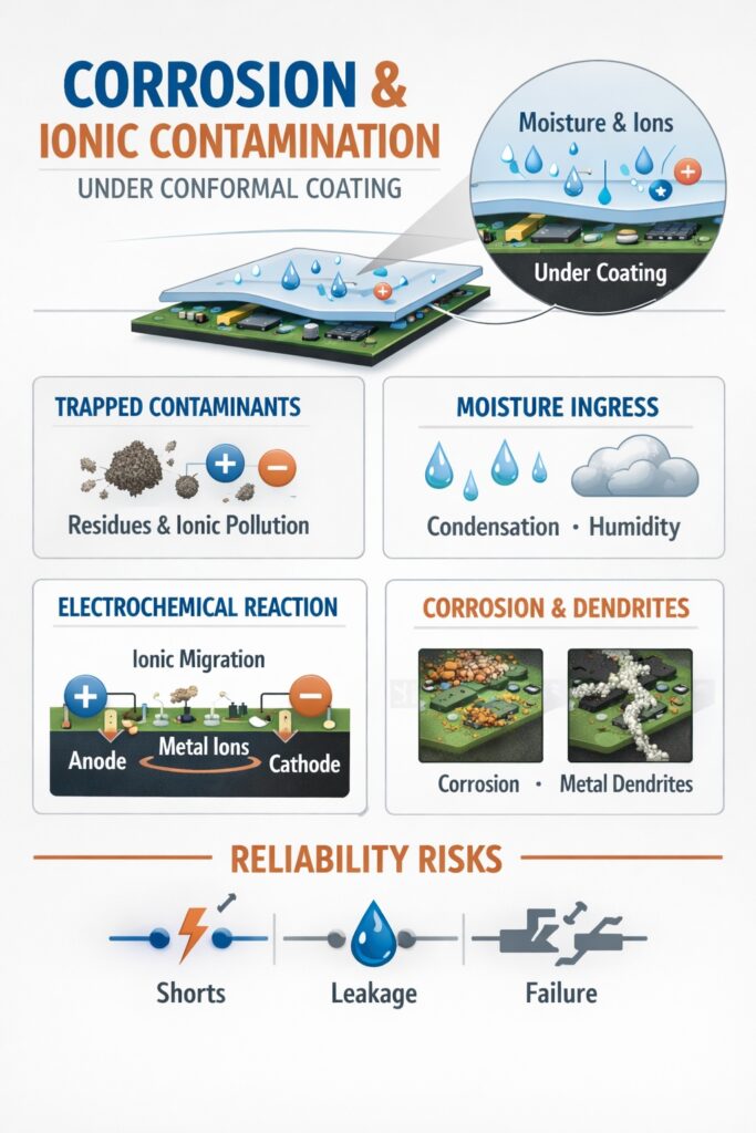 Corrosion and ionic contamination under conformal coating showing moisture and ionic residues forming an electrolyte under electrical bias, causing corrosion, leakage current and dendrite growth.