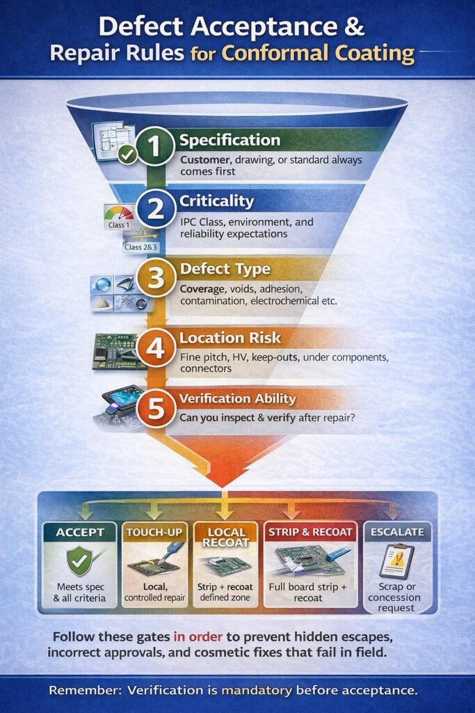 Defect acceptance and repair rules for conformal coating showing a five-step decision funnel (specification, criticality, defect type, location risk, verification ability) leading to accept, touch-up, local recoat, strip and recoat, or escalation.