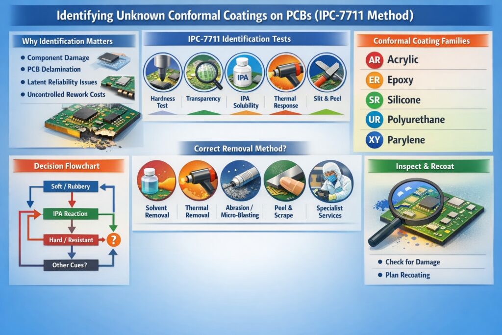 Infographic showing how to identify unknown conformal coatings on PCBs using IPC-7711 tests to assess coating behaviour, map coating family and select a safe removal direction.