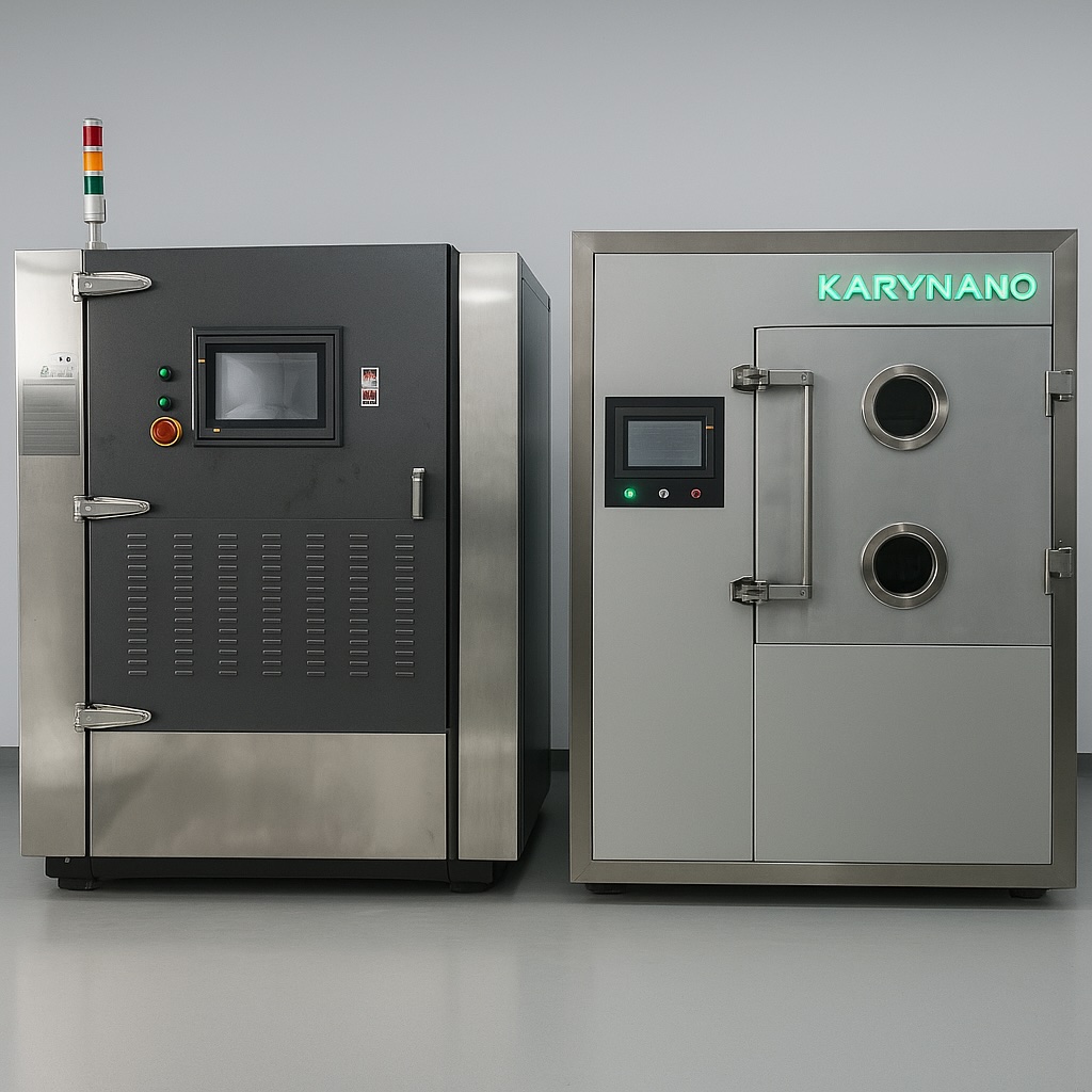 Large industrial Parylene coating equipment featuring KR1200HS and KR1500HSU systems for high-volume medical, aerospace and electronics manufacturing