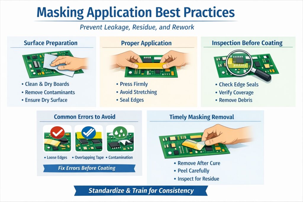 Masking application best practices for conformal coating showing correct sequence, edge sealing, inspection checks, and common operator errors