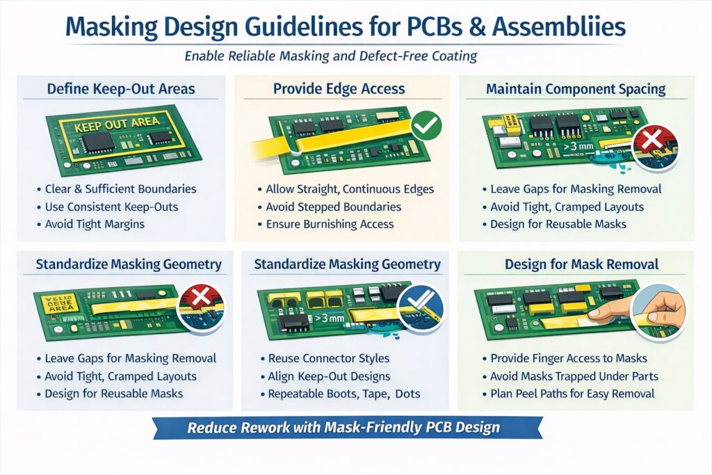 Infographic showing PCB masking design guidelines for conformal coating, including keep-out spacing, edge access, component clearance, and masking-friendly geometry