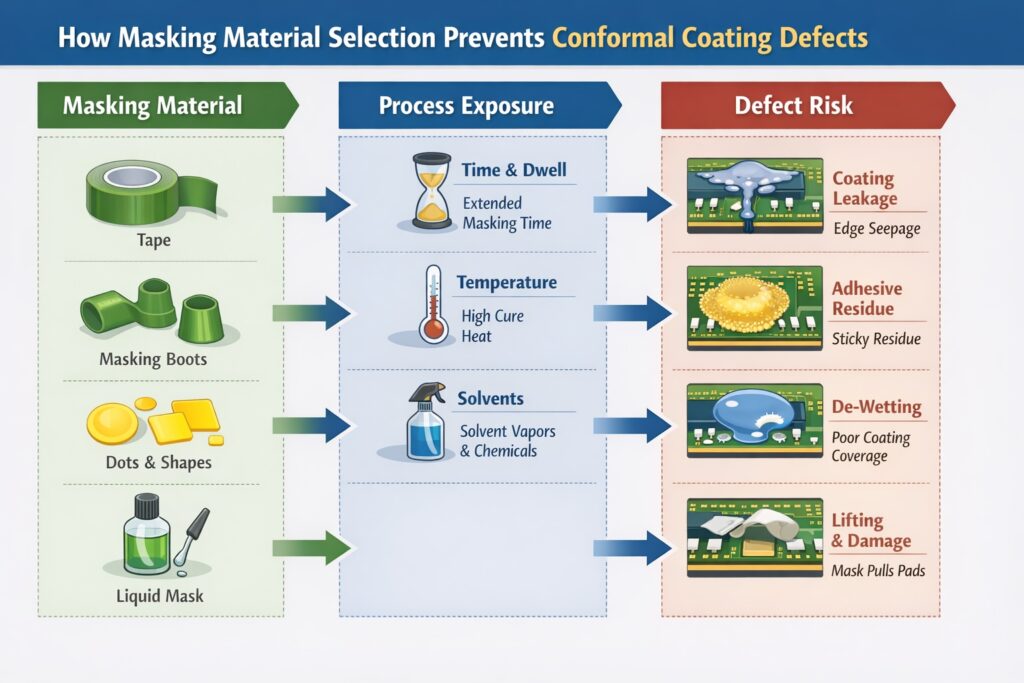 Infographic showing how masking material selection affects leakage, residue, and defect risk in conformal coating processes