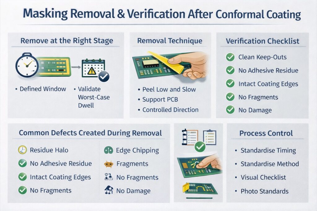 Masking removal and verification after conformal coating showing removal timing, peel technique, inspection checklist, and common defects