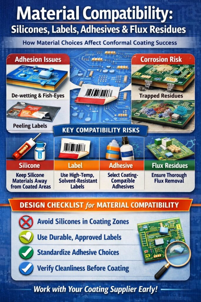 Infographic showing how silicones, labels, adhesives and flux residues affect conformal coating adhesion, de-wetting, corrosion and material compatibility on PCBs.