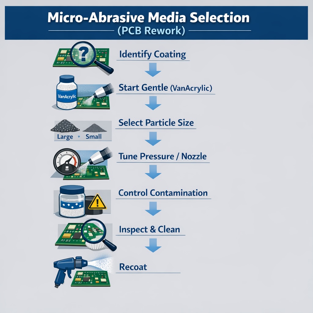 Infographic showing how to select micro-abrasive media for conformal coating removal on PCBs, including VanAcrylic plastic abrasive, particle size selection, coating compatibility and process control.