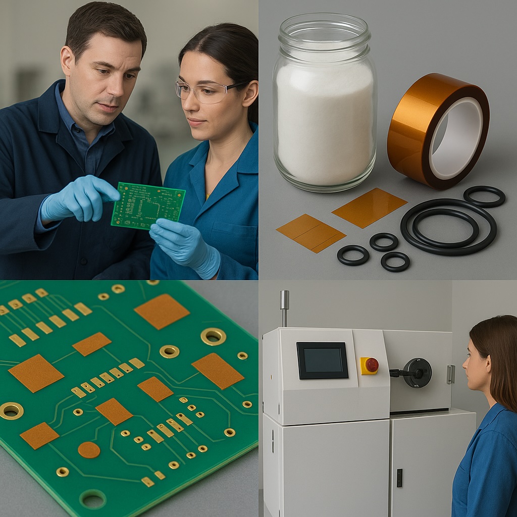 Parylene coating training and consultancy showing PCB inspection, masking materials and industrial deposition equipment at SCH Services