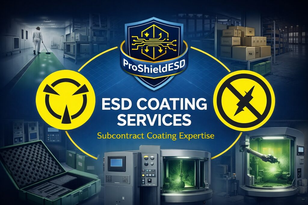 ProShieldESD subcontract ESD coating services showing industrial coating systems, ESD protection symbols and controlled manufacturing environments