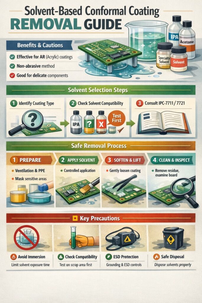 Infographic showing solvent-based conformal coating removal on PCBs, including localised swab application, compatibility risks, residue control and escalation to micro-abrasion.