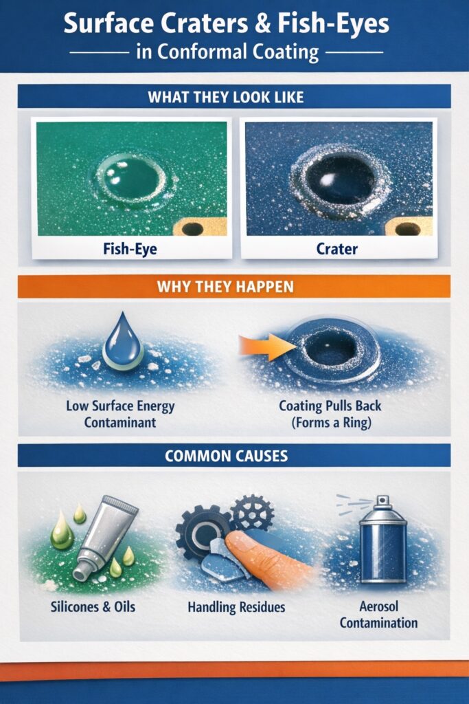 Surface craters and fish-eyes in conformal coating caused by silicone or oil contamination leading to circular pull-back defects