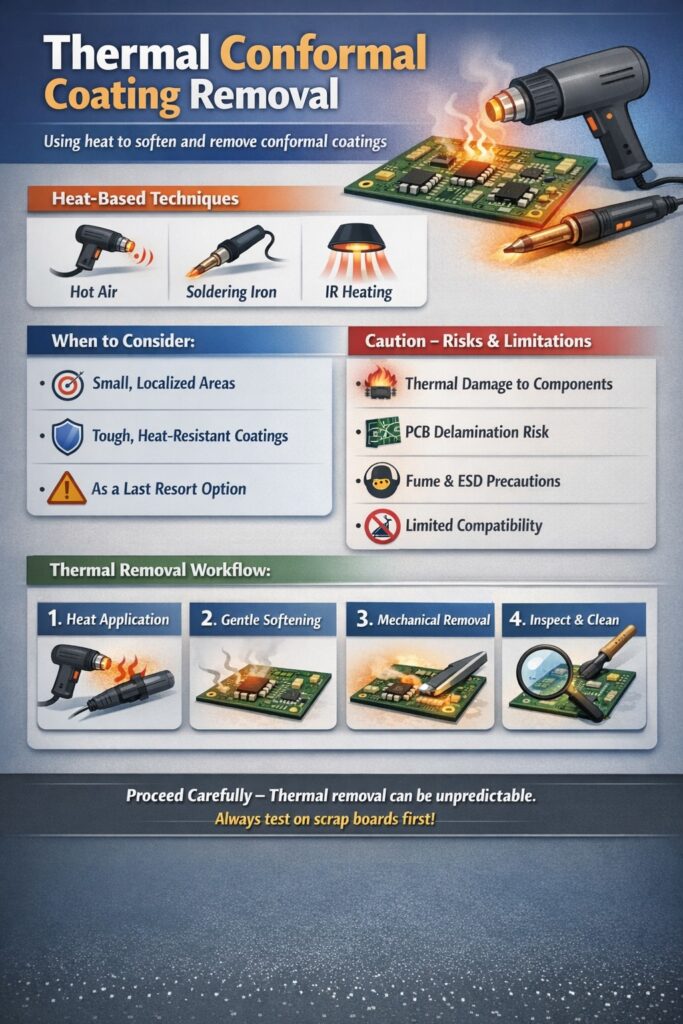 Infographic showing controlled thermal conformal coating removal on PCBs, including safe temperature ramping, localised heat application, risks to components and when to escalate to micro-abrasion in UK and European rework environments.