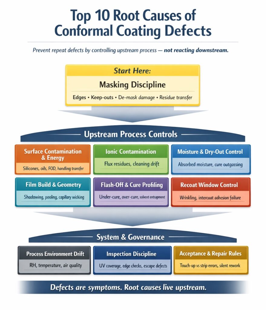 Top 10 root causes of conformal coating defects showing upstream process failures including masking discipline, contamination, moisture control, film build, cure profiling, inspection and repair governance.