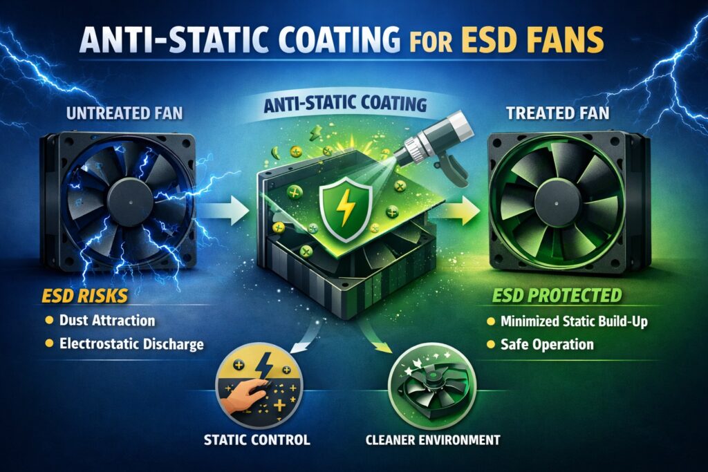 Anti-static fan coating infographic showing ESD coating durability, adhesion and surface resistivity stability on rotating plastic fan blades