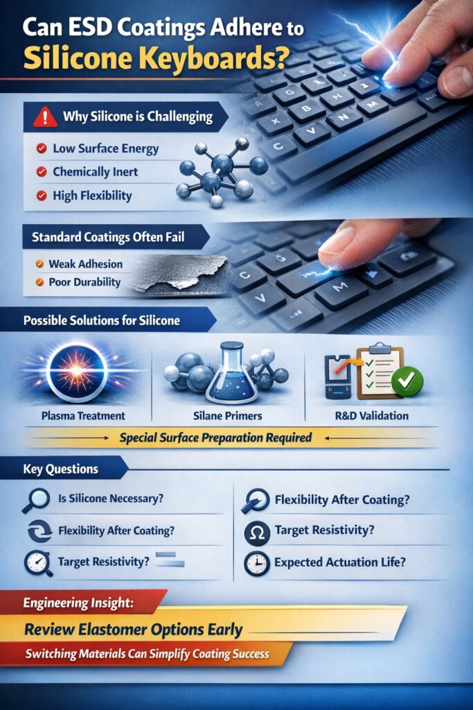 ESD coating adhesion on silicone keyboard infographic showing surface energy challenges, plasma treatment and silicone primer solutions