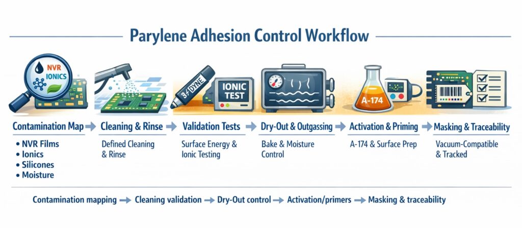 Parylene adhesion control workflow showing contamination mapping, validated cleaning, ionic testing, dry-out control, A-174 activation and vacuum-compatible masking with traceability.