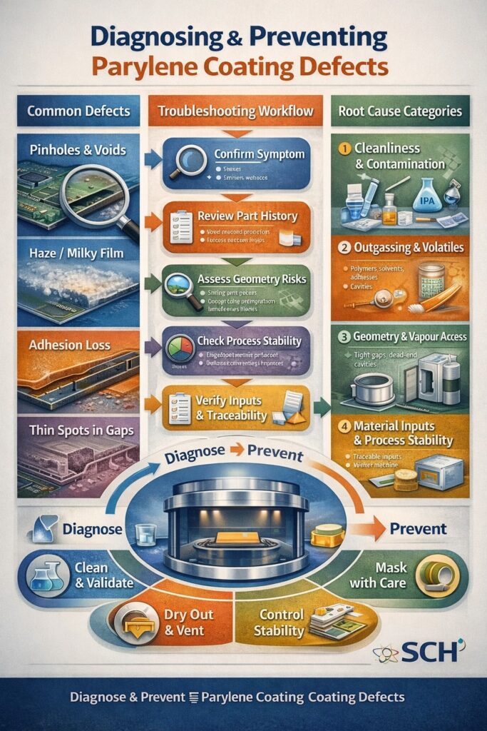 Infographic showing how to diagnose and prevent Parylene coating defects including pinholes, haze, adhesion loss and thin coverage in gaps.