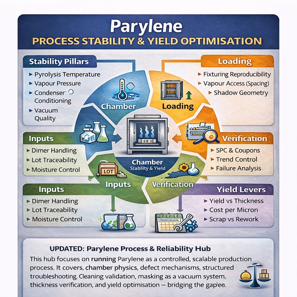 Parylene process stability and yield optimisation infographic showing chamber control, controlled inputs, repeatable loading and coupon-based verification.