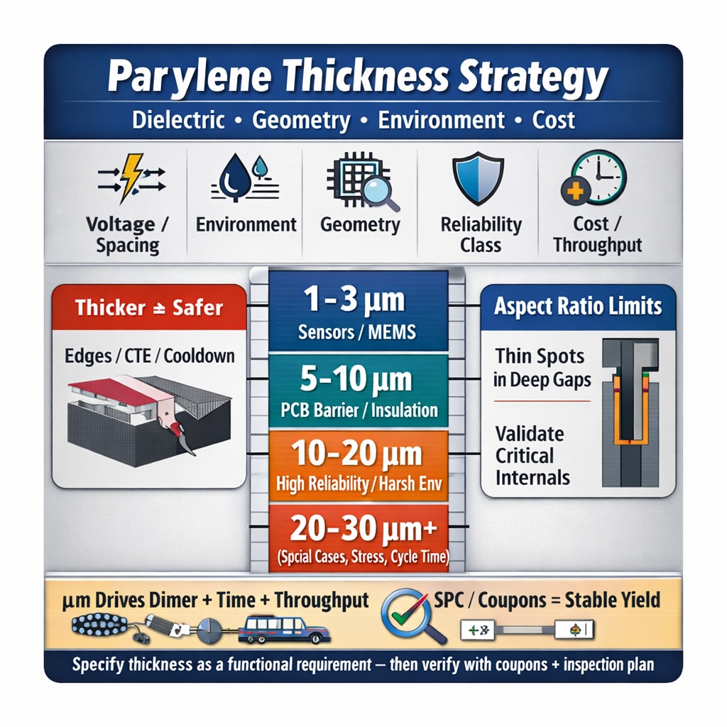 Infographic showing Parylene thickness selection strategy based on dielectric requirements, geometry penetration limits, environmental exposure, stress risk and cost per micron.