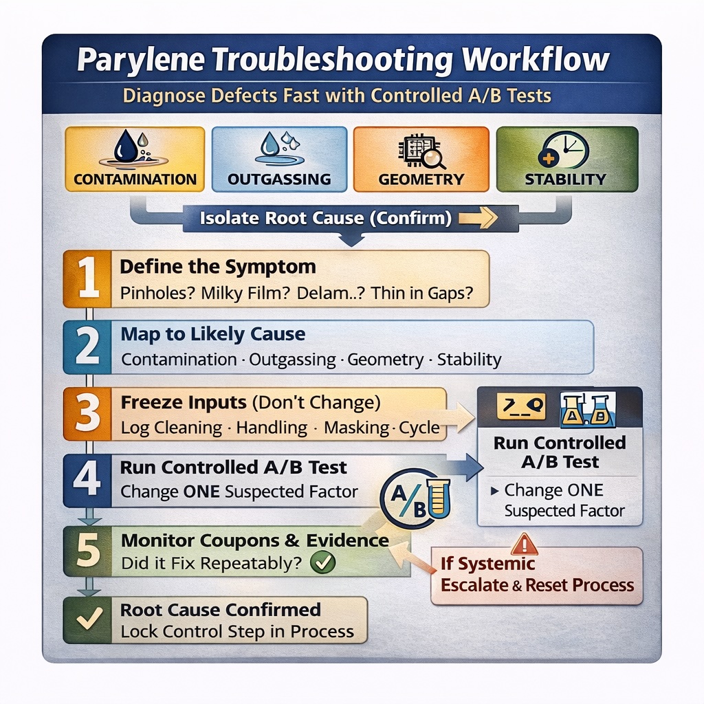 Parylene troubleshooting workflow infographic showing structured defect diagnosis using contamination, outgassing, geometry and stability analysis with controlled A/B testing.