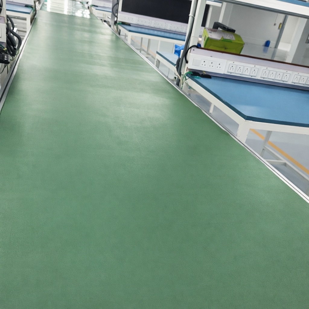 Flexible PVC conveyor belt coated with ProShieldESD conductive coating restoring static dissipative performance in electronics assembly line