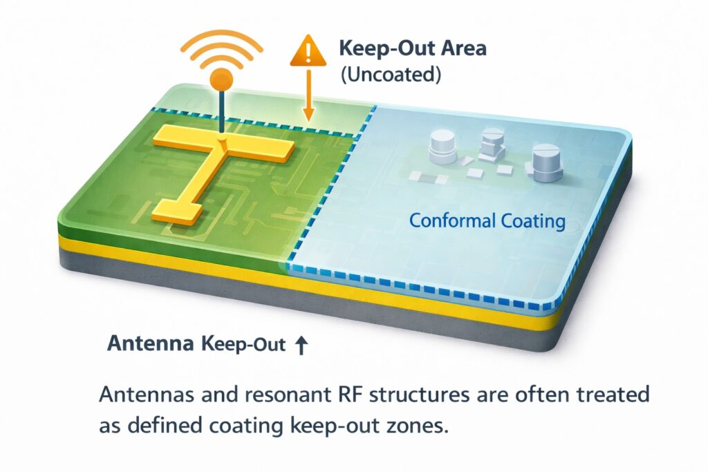 RF PCB antenna keep out area showing conformal coating boundary around resonant structure