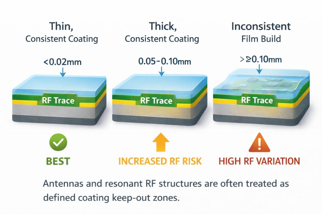 RF PCB conformal coating thickness comparison showing thin consistent film vs thick and inconsistent build