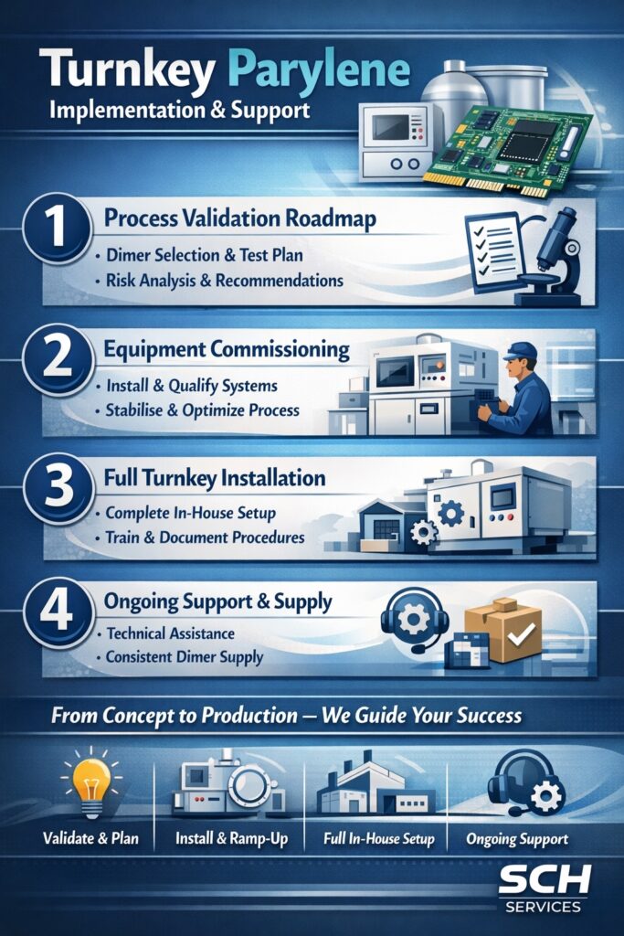 Infographic showing SCH Services turnkey Parylene implementation process including validation roadmap, equipment commissioning, full installation and ongoing technical support.