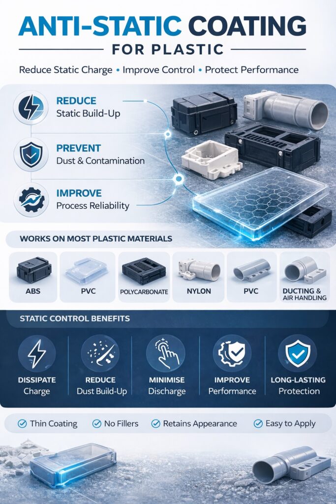 Anti static coating for plastic infographic showing conductive polymer coating creating static dissipative surfaces on plastic components