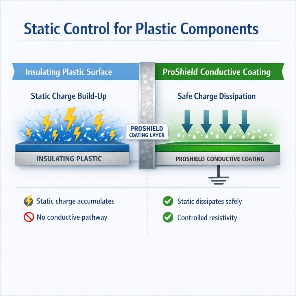 Infographic showing anti-static coating for plastic components using conductive polymer coatings to create static dissipative surfaces