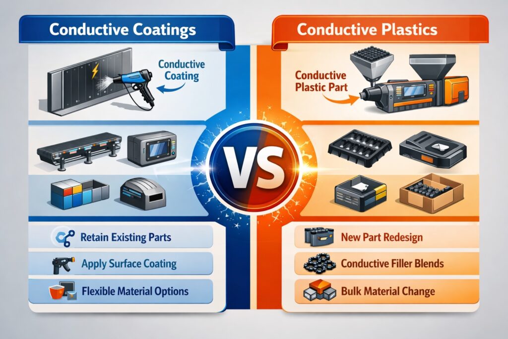 Infographic comparing conductive coatings and conductive plastics for static control using conductive polymer coating technology