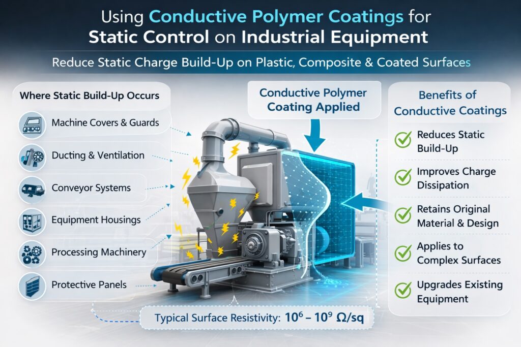 Diagram infographic showing conductive polymer coating applied to industrial equipment surfaces to create static dissipative control and reduce electrostatic charge build-up