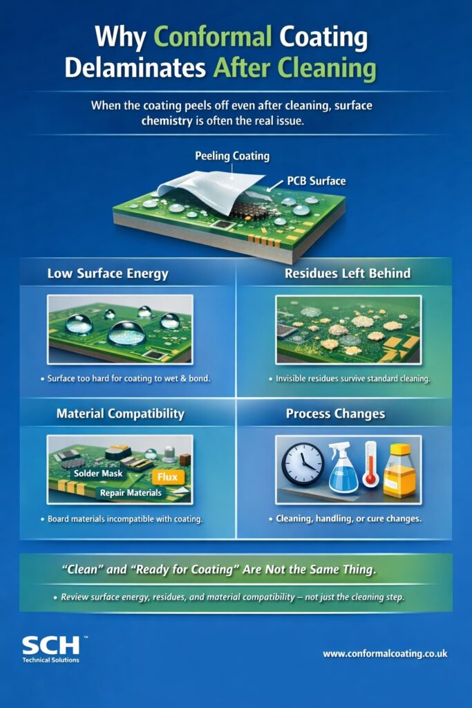 Infographic explaining why conformal coating delaminates after cleaning due to surface energy, residues, material compatibility and process changes on PCBs