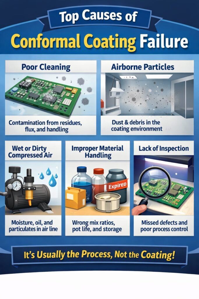 Infographic showing common causes of conformal coating process failure including poor cleaning, airborne contamination, dirty compressed air and improper material handling.