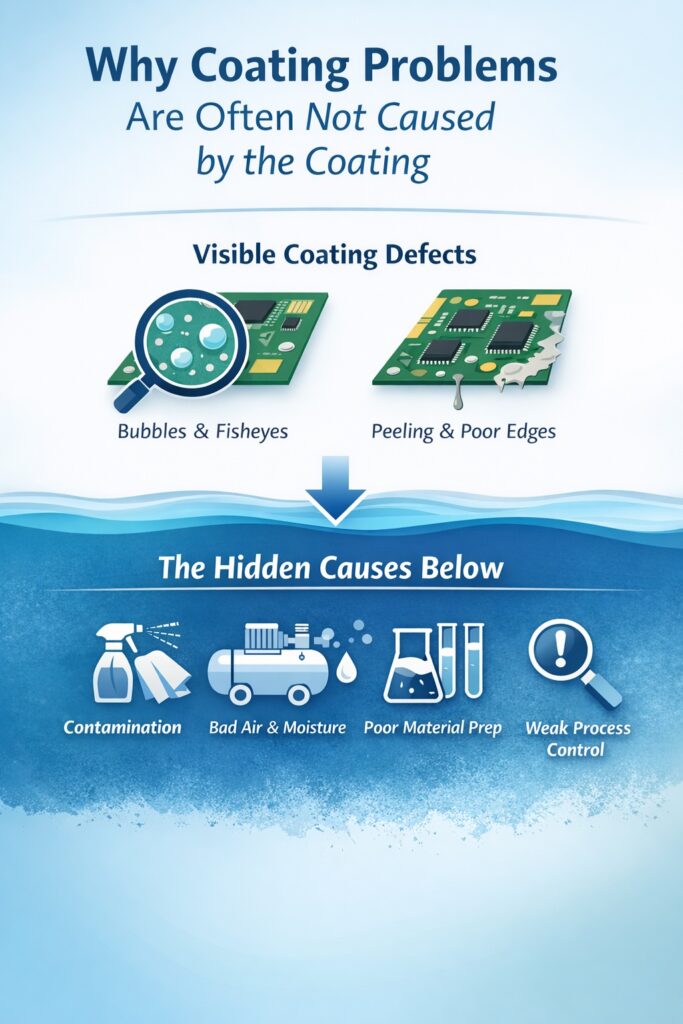 Infographic showing why conformal coating defects are often caused by process issues such as contamination, poor cleaning, compressed air quality and material handling rather than the coating itself