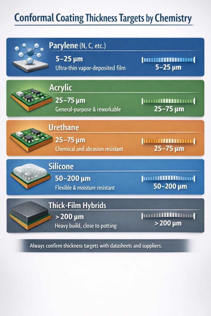 Conformal coating thickness ranges by chemistry showing Parylene 5–25 µm, acrylic and urethane 25–75 µm, silicone 50–200 µm and thick film coatings above 200 µm