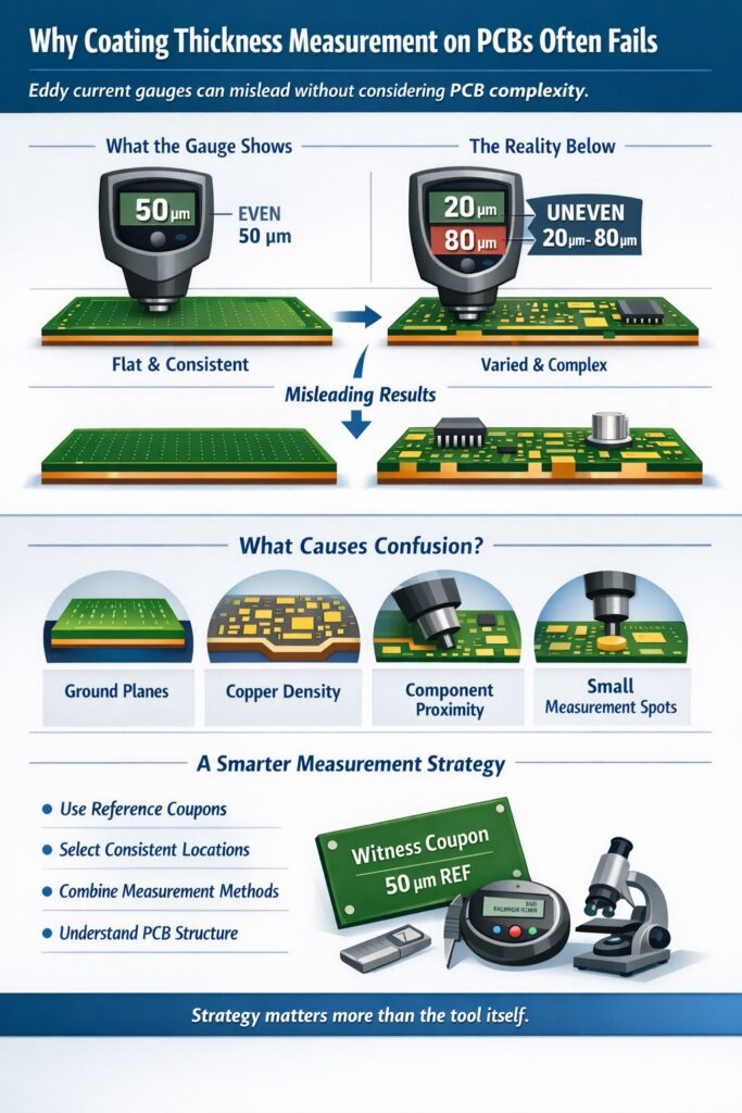 Infographic showing why eddy current thickness measurement on PCBs can be inaccurate due to ground planes, copper density, component proximity and measurement location