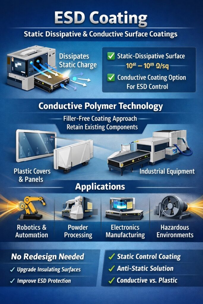 Infographic explaining ESD coating using conductive polymer technology to create static dissipative and conductive surfaces for electrostatic discharge control