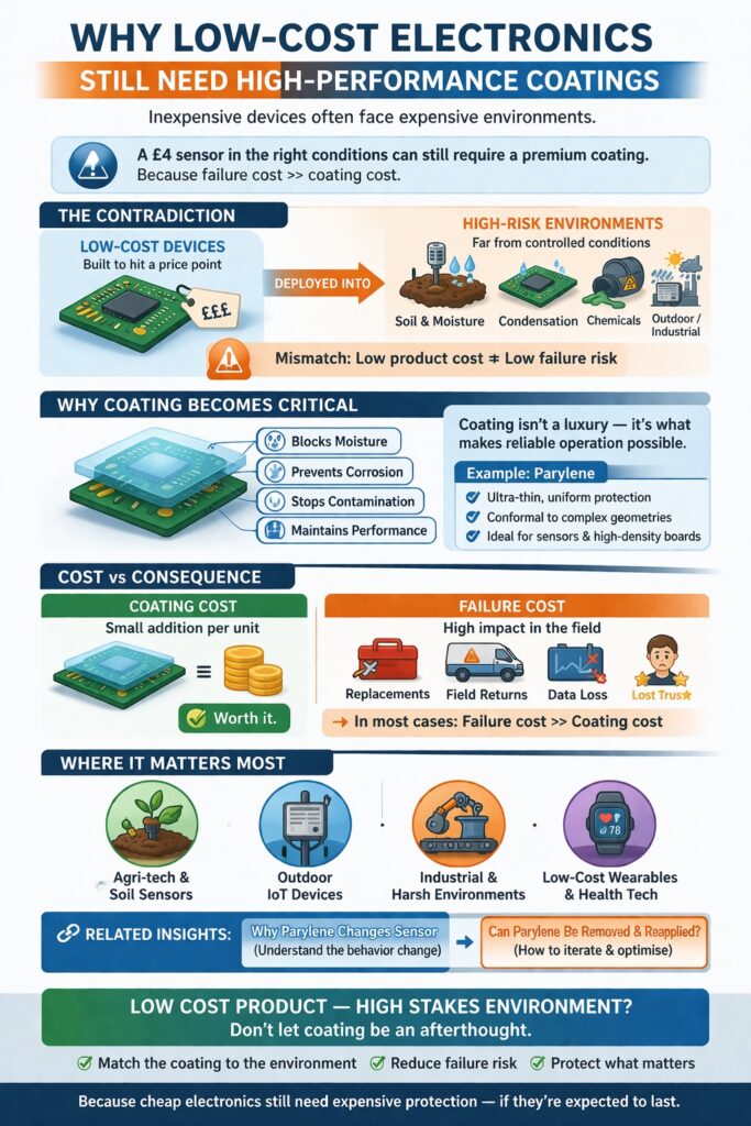 Infographic explaining why low-cost electronics still require high-performance coatings due to harsh environments, failure risk and cost of failure