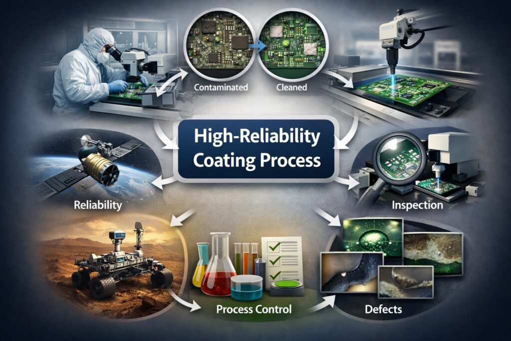 Infographic showing NASA-style conformal coating process control including cleaning, contamination control, inspection, defects and high-reliability manufacturing principles.