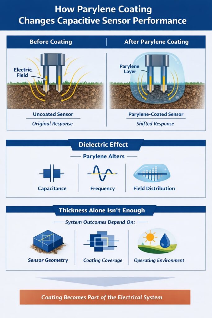 Infographic showing how Parylene coating changes capacitive sensor performance by altering dielectric environment, electric field distribution and capacitance response