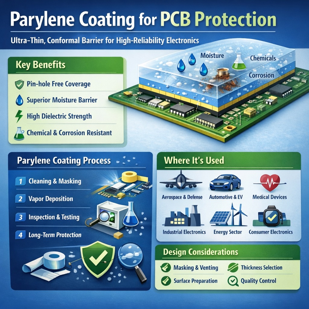 Infographic showing how parylene coating protects printed circuit boards from moisture, corrosion and chemicals, including benefits, coating process steps and typical PCB applications.