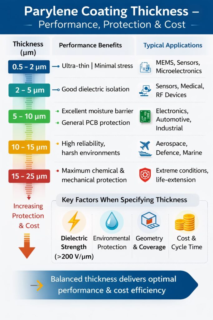 Infographic showing typical Parylene coating thickness ranges from 0.5 to 25 microns with protection levels and typical electronics applications.