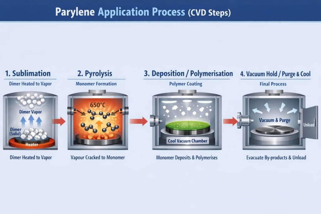 Parylene deposition process diagram showing sublimation of dimer, pyrolysis to monomer, and polymerisation in the vacuum chamber during CVD coating.