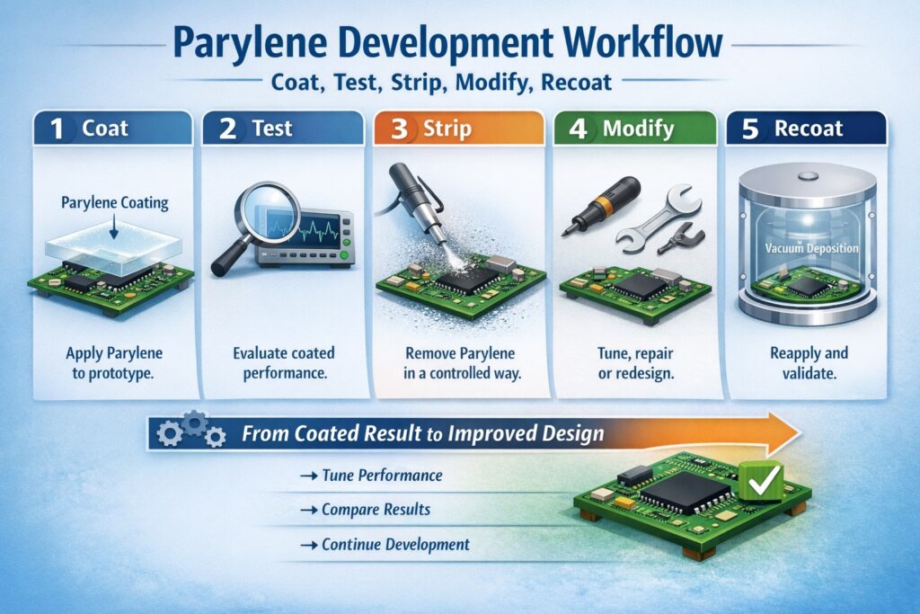 Infographic showing Parylene development workflow including coat, test, strip, modify and recoat stages used to optimise coated electronic devices