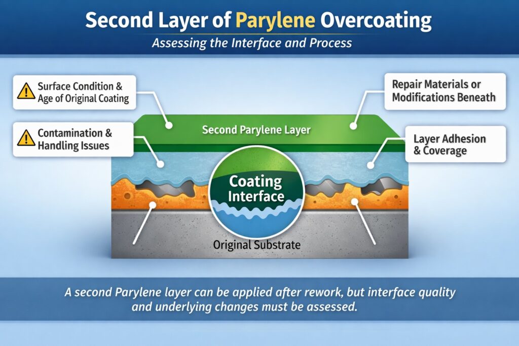 Infographic showing second layer Parylene overcoating applied after rework, highlighting coating interface, surface condition, contamination and adhesion considerations