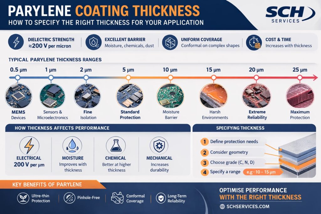 Engineering infographic explaining how to specify Parylene coating thickness based on dielectric strength, moisture protection, geometry coverage and cost factors.