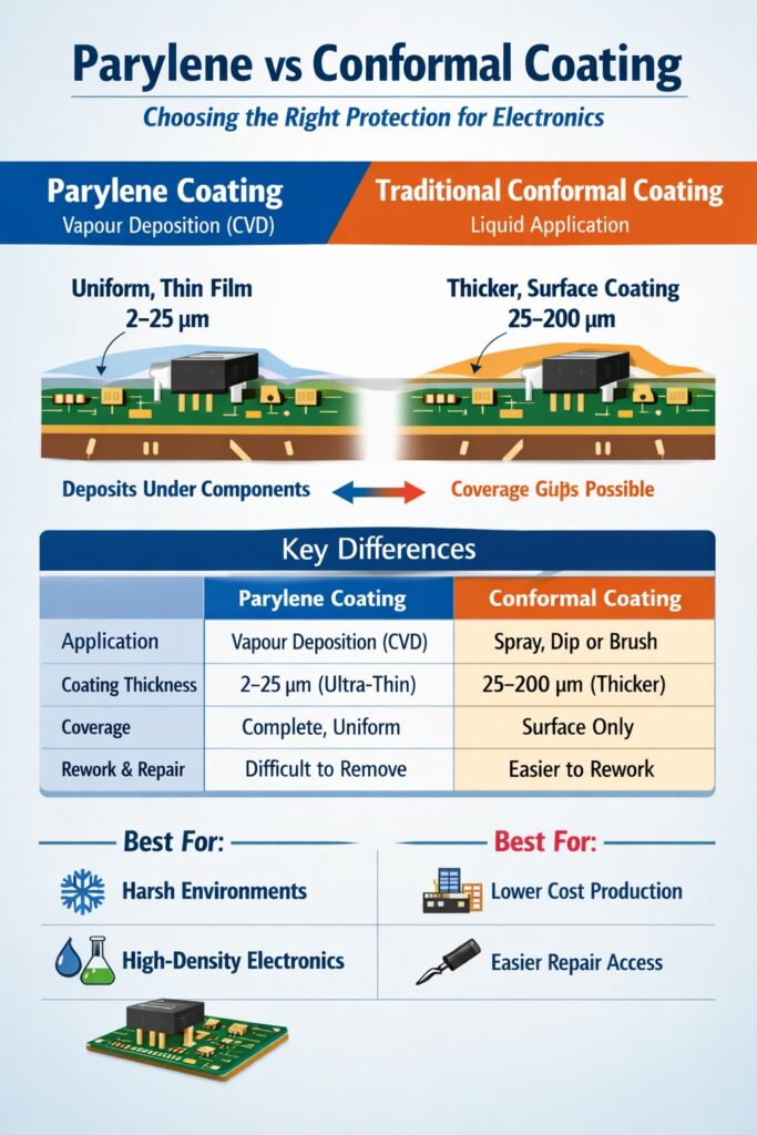 Infographic comparing parylene coating and conformal coating for electronics protection, showing differences in coating thickness, coverage, application methods and typical applications.