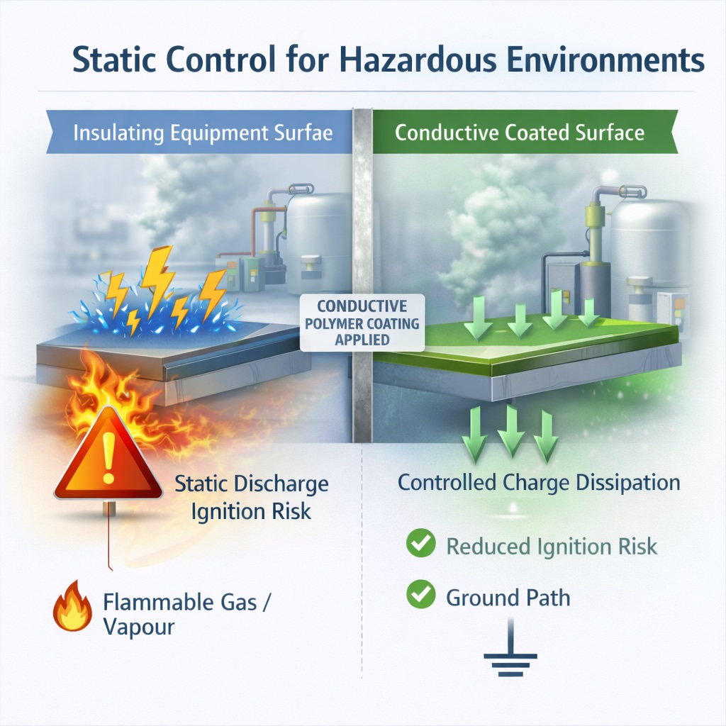 Infographic showing static control coatings for hazardous environments using conductive polymer coatings to reduce electrostatic discharge risk