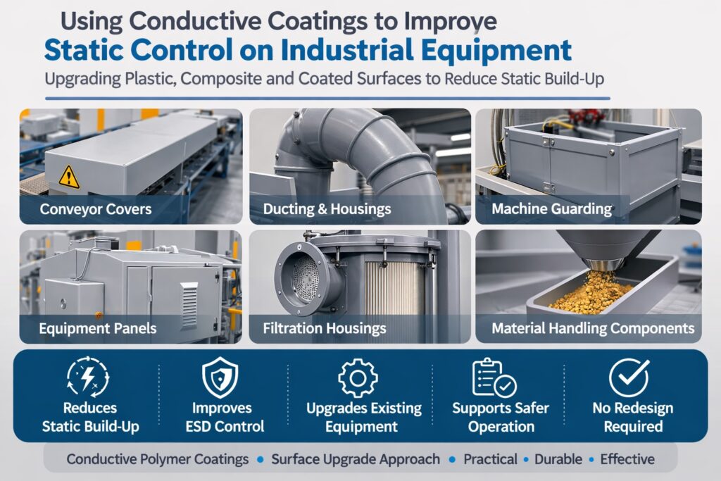Infographic showing static control coatings for industrial equipment using conductive polymer coatings to reduce electrostatic charge build-up on machine covers, ducting and equipment housings